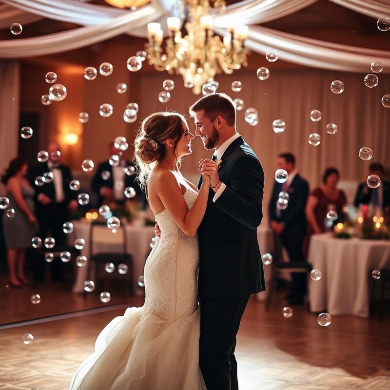 Bride and groom first dance with bubbles