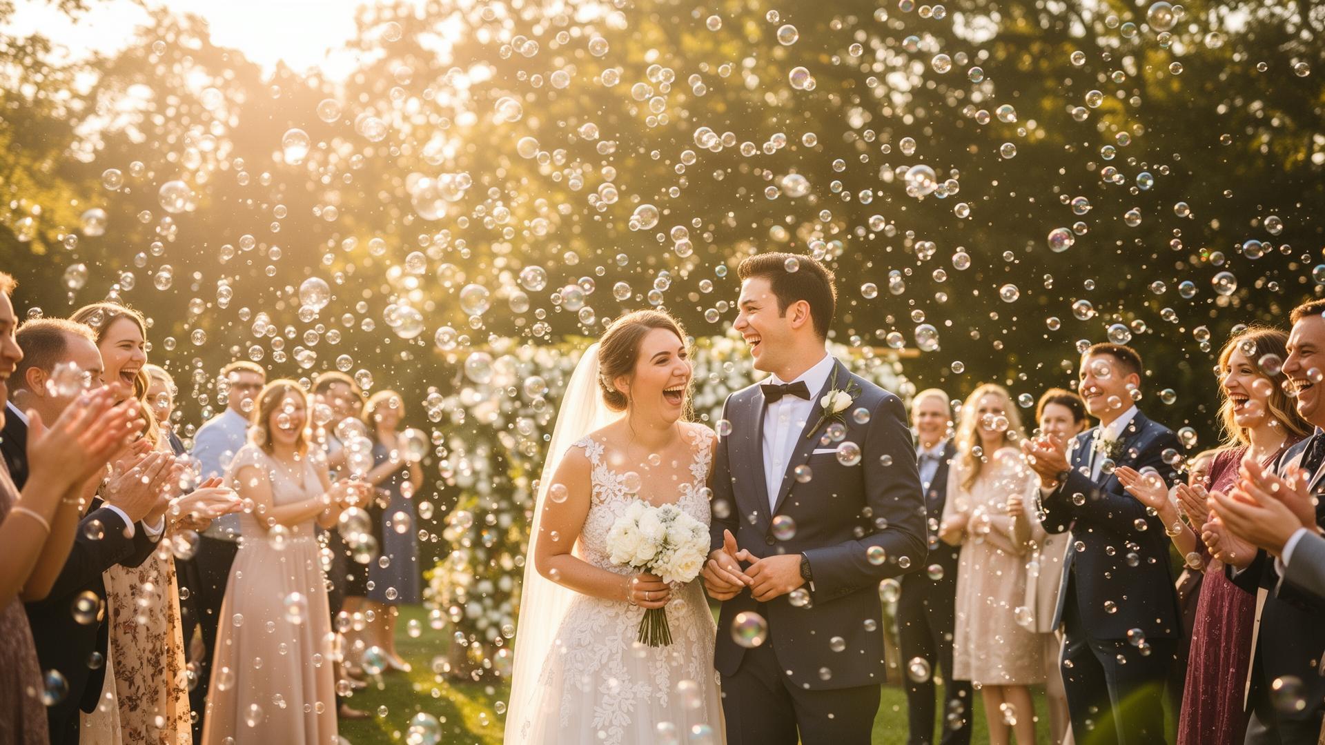 Wedding couple surrounded by bubbles at golden hour